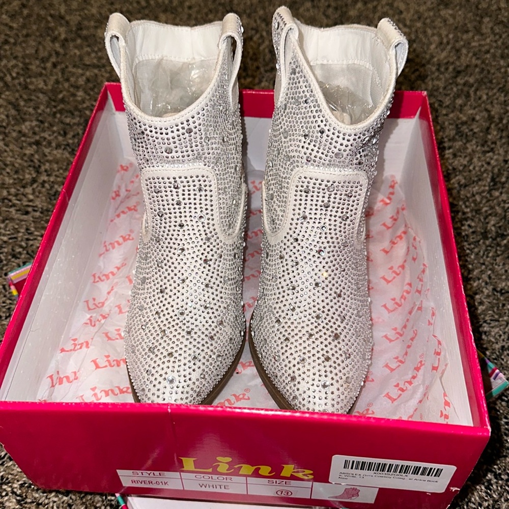 Girls White Rhinestone Booties Size 13